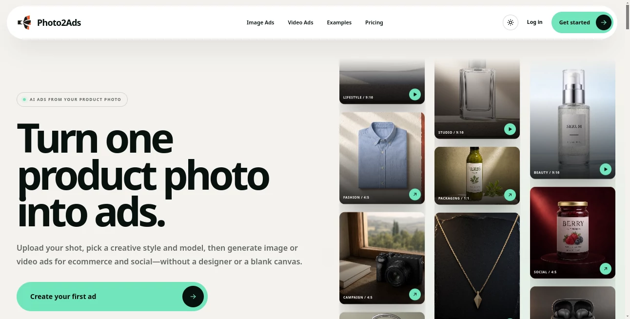 Screenshot of Photo2Ads – An AI tool in the ,AI Ad Creative Assistant ,AI Ad Generator ,AI Video Generator ,AI Advertising Assistant  category, showcasing its interface and key features.