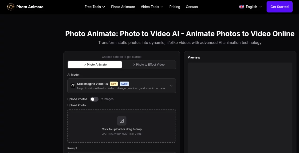 Screenshot of Photo Animate – An AI tool in the ,AI Animated Video ,AI Image to Video ,AI Video Generator ,Video  category, showcasing its interface and key features.