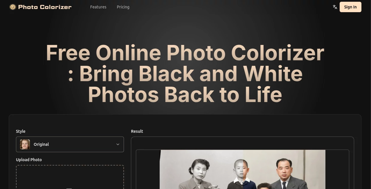 Screenshot of Photo Colorizer – An AI tool in the ,AI Colorize ,Photo & Image Editor ,AI Photo Enhancer ,AI Photo Restoration  category, showcasing its interface and key features.