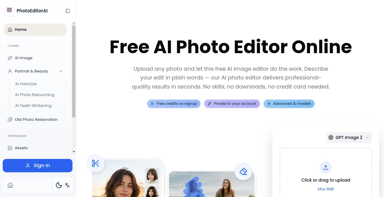 Screenshot of PhotoEditorAI – An AI tool in the ,AI Photo & Image Generator ,Photo & Image Editor ,AI Background Remover ,AI Image to Image  category, showcasing its interface and key features.