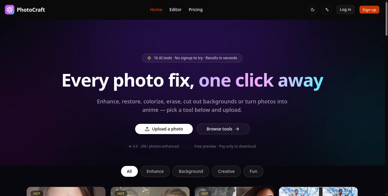 Screenshot of PhotosCraft – An AI tool in the ,AI Avatar Generator ,AI Background Generator ,AI Background Remover ,AI Image Recognition ,Image  category, showcasing its interface and key features.