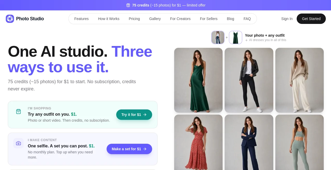 Screenshot of Photo Studio – An AI tool in the ,AI Image to Video ,Photo & Image Editor ,AI Selfie & Portrait ,AI Clothing Generator  category, showcasing its interface and key features.