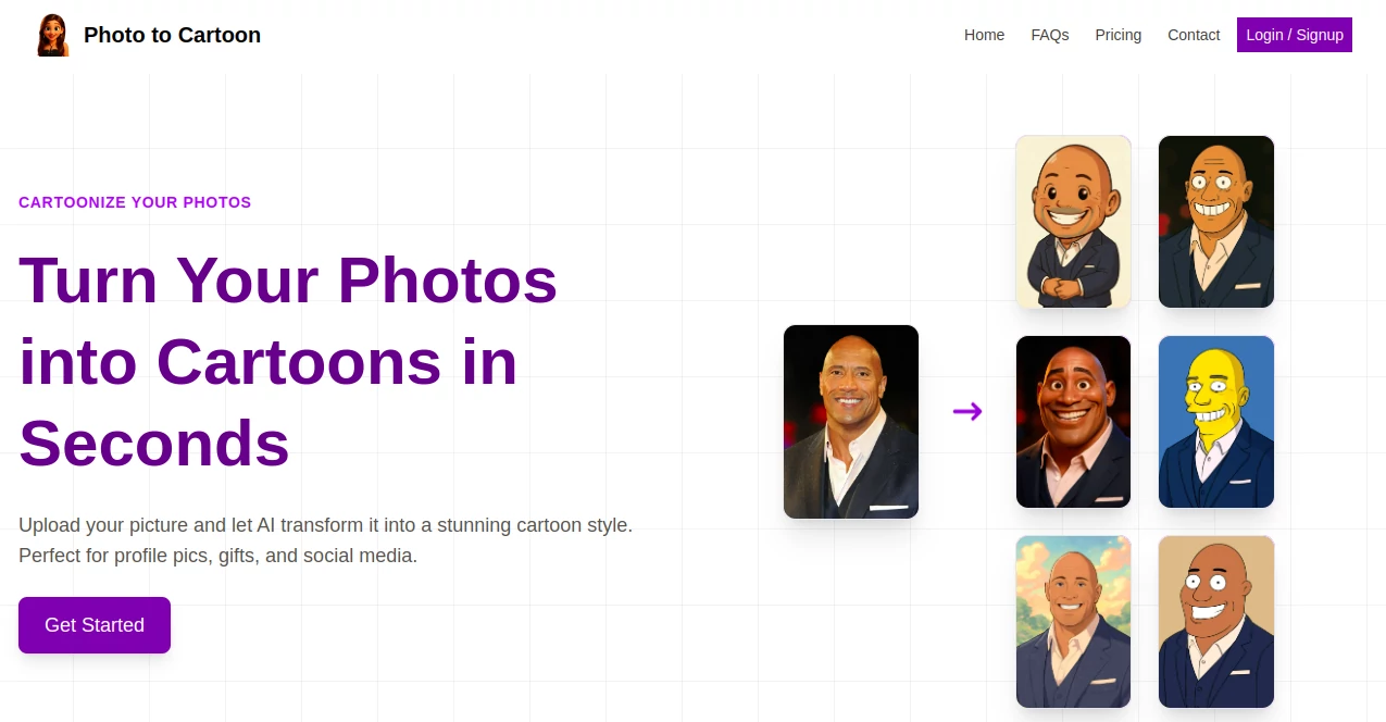 Screenshot of Photo to Cartoon – An AI tool in the ,AI Photo Enhancer ,Photo & Image Editor ,AI Art Generator ,AI Image to Image  category, showcasing its interface and key features.
