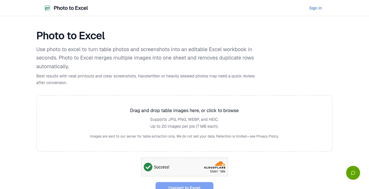 Screenshot of Photo to Excel – An AI tool in the ,AI Spreadsheet ,AI Productivity Tools ,AI Document Extraction ,AI Documents Assistant  category, showcasing its interface and key features.
