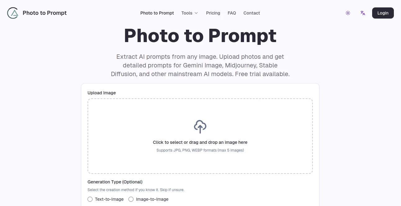 Screenshot of Photo to Prompt – An AI tool in the ,AI Image Recognition ,AI Design Assistant ,AI Photo Enhancer ,AI Image to Image  category, showcasing its interface and key features.