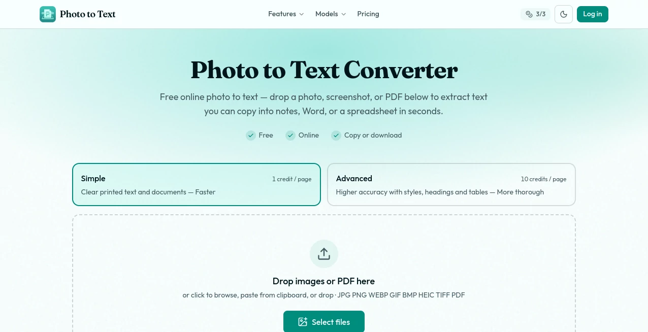 Screenshot of Photo to Text – An AI tool in the ,AI Document Extraction ,AI PDF ,AI Files Assistant ,AI Image Scanning  category, showcasing its interface and key features.