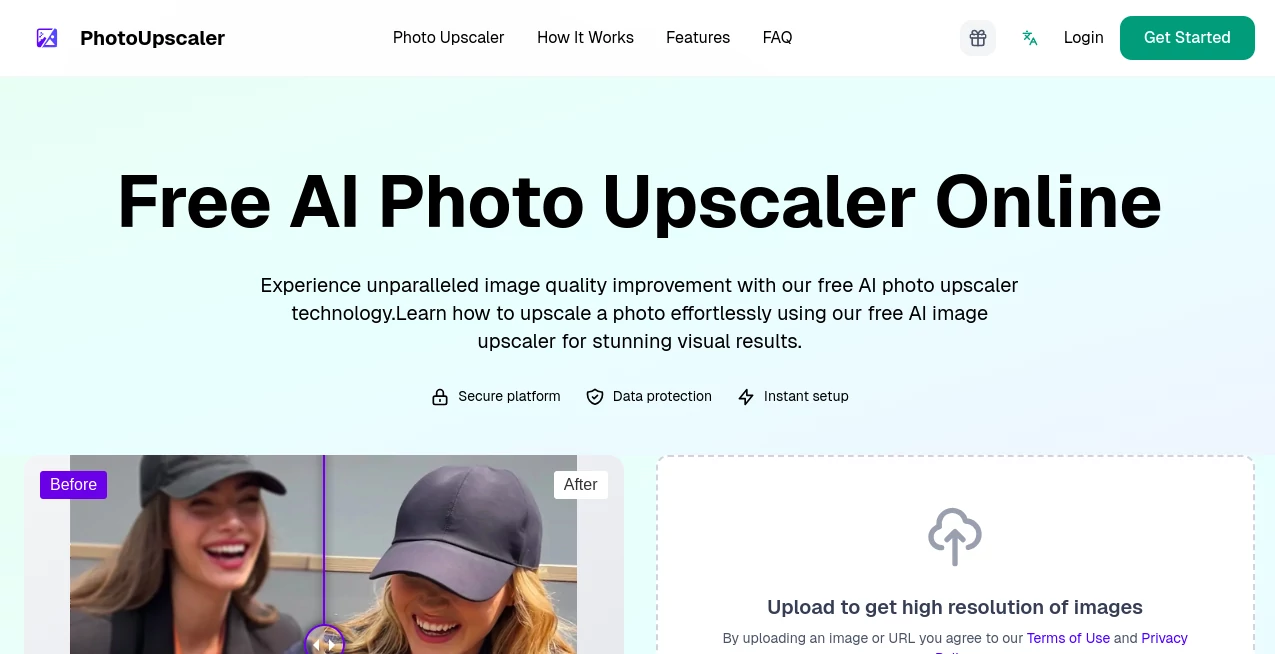 Screenshot of PhotoUpscaler – An AI tool in the ,Photo & Image Editor ,AI Photo Enhancer ,AI Photo Restoration ,AI Image Segmentation  category, showcasing its interface and key features.