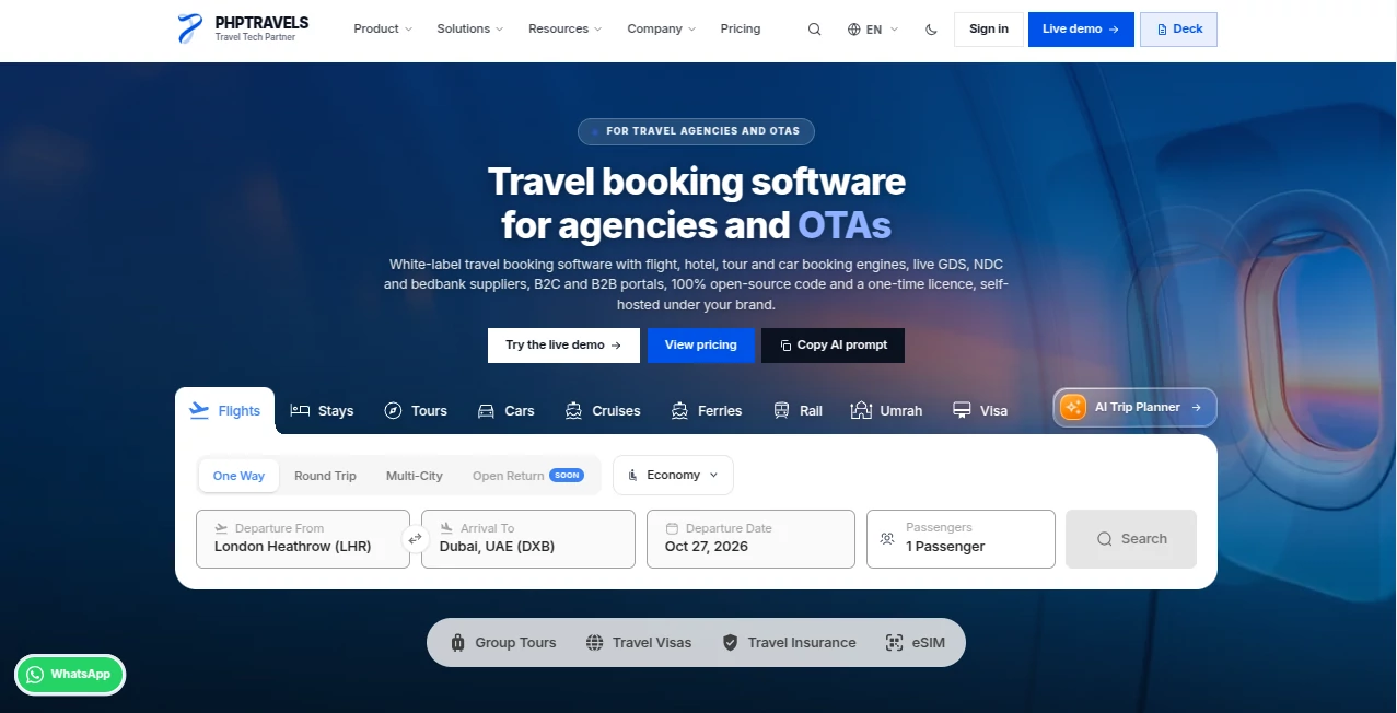 Screenshot of PHPTRAVELS – An AI tool in the ,AI Research Tool ,AI Business Ideas Generator ,AI Sales Assistant ,AI E-commerce Assistant ,Business  category, showcasing its interface and key features.