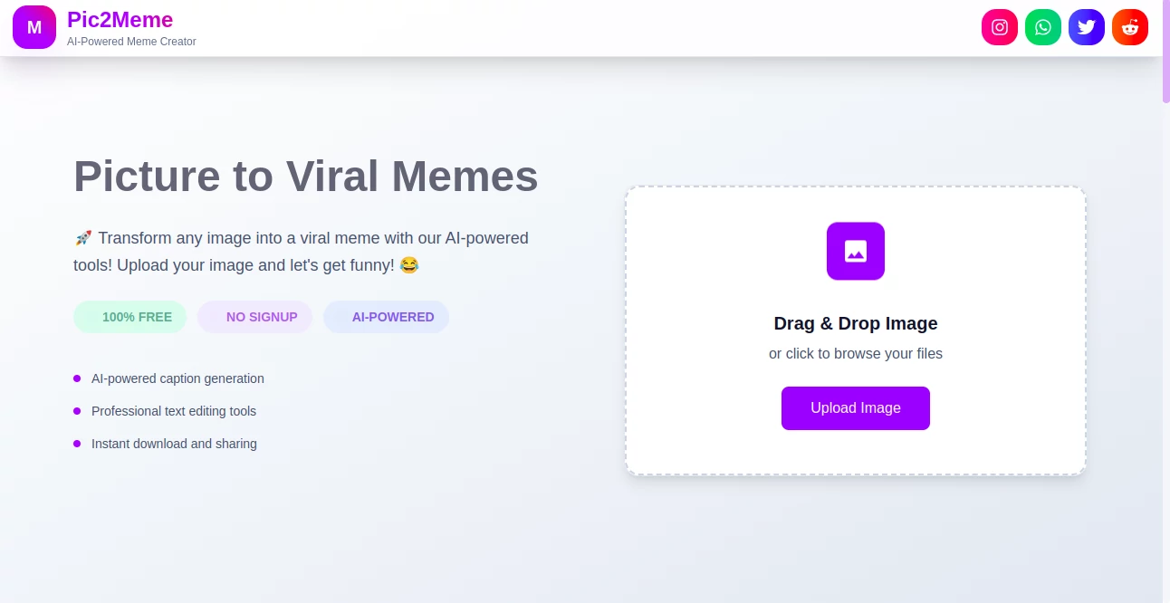 Screenshot of Pic 2 Meme – An AI tool in the ,AI Photo & Image Generator  category, showcasing its interface and key features.