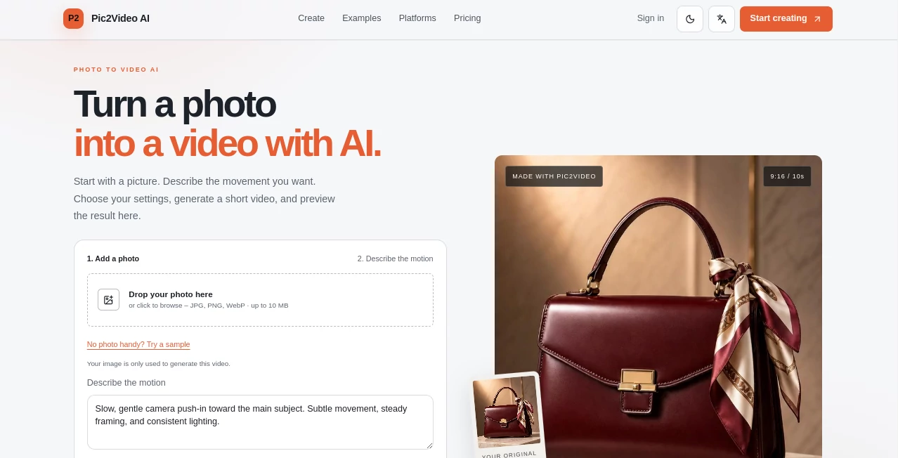 Screenshot of Pic2VideoAI – An AI tool in the ,AI Image to Video ,AI Video Generator ,AI Advertising Assistant  category, showcasing its interface and key features.