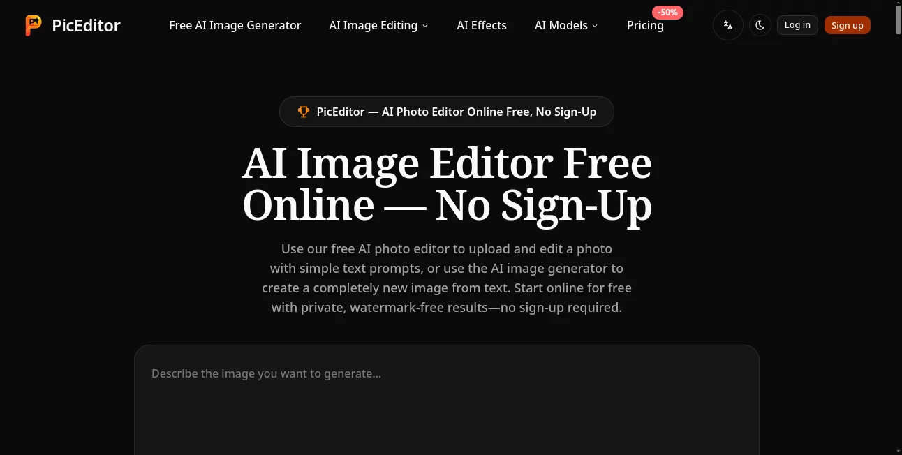 Screenshot of PicEditorAI – An AI tool in the ,AI Art Generator ,Design & Art  category, showcasing its interface and key features.