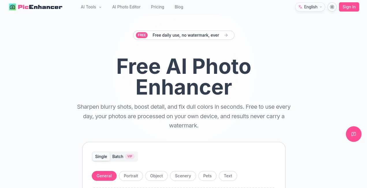 Screenshot of picenhancer.ai – An AI tool in the ,AI Background Remover ,Photo & Image Editor ,AI Photo Enhancer ,AI Photo Restoration  category, showcasing its interface and key features.