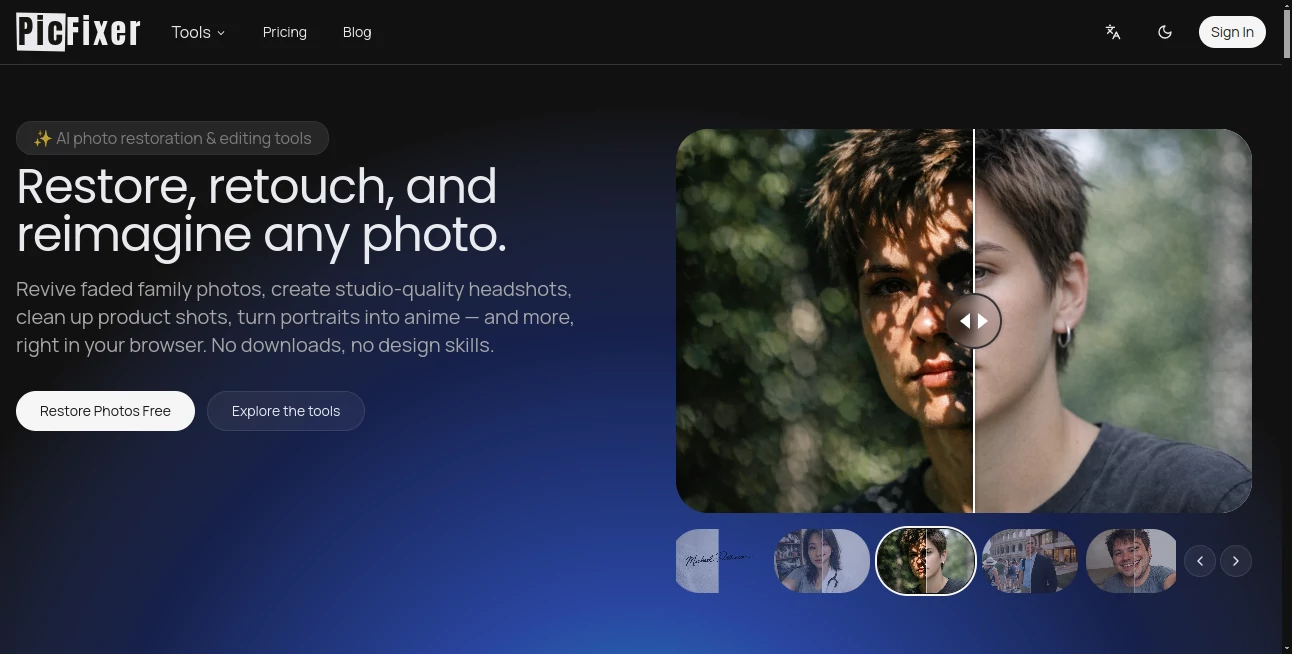 Screenshot of PicFixer – An AI tool in the ,AI Background Remover ,Photo & Image Editor ,AI Photo Enhancer ,AI Profile Picture Generator  category, showcasing its interface and key features.