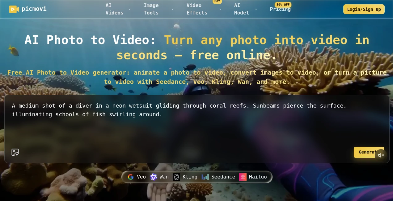 Screenshot of picmovi – An AI tool in the ,AI Image to Video ,AI Video Generator ,AI Lip Sync Generator ,AI Text to Video  category, showcasing its interface and key features.