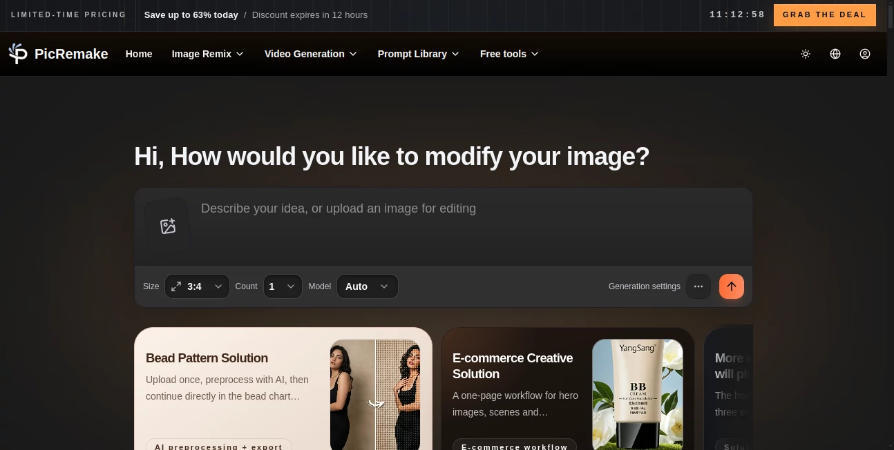 Screenshot of picremake – An AI tool in the ,AI Background Remover ,Photo & Image Editor ,AI Photo Enhancer ,AI Image to Image  category, showcasing its interface and key features.