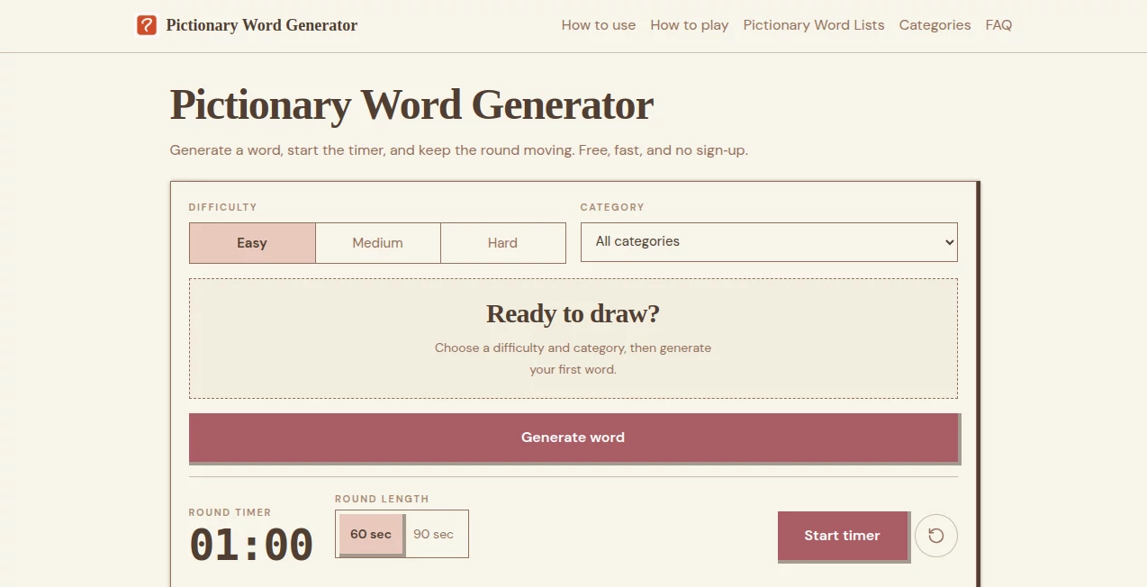 Screenshot of Pictionary Word Generator – An AI tool in the ,AI Game ,AI Education Assistant  category, showcasing its interface and key features.