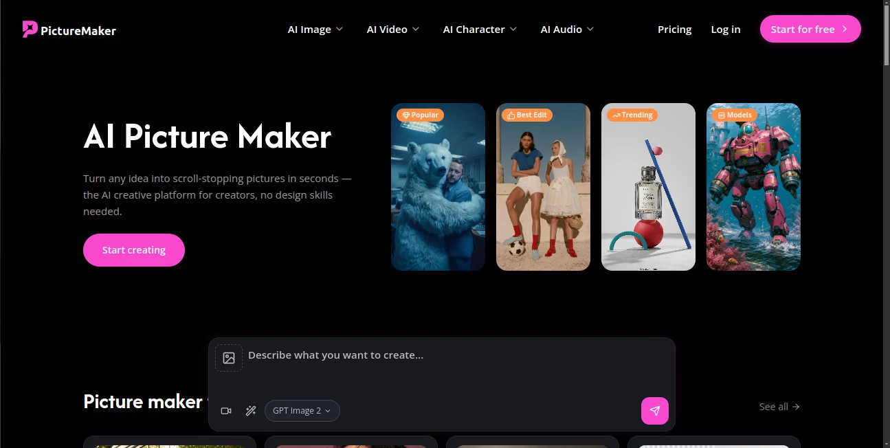 Screenshot of Picture Maker – An AI tool in the ,AI Text to Image ,AI Photo & Image Generator ,AI Art Generator  category, showcasing its interface and key features.