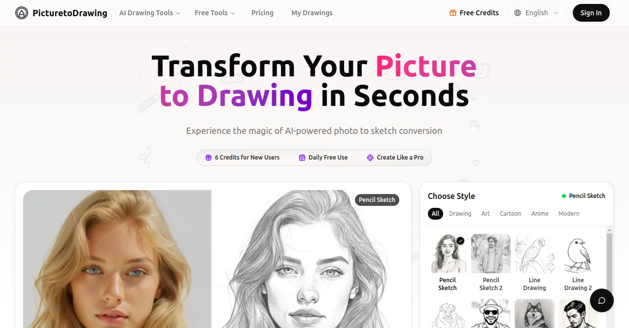 Screenshot of PicturetoDrawing – An AI tool in the ,AI Photo Enhancer ,Photo & Image Editor ,AI Art Generator ,AI Image to Image  category, showcasing its interface and key features.
