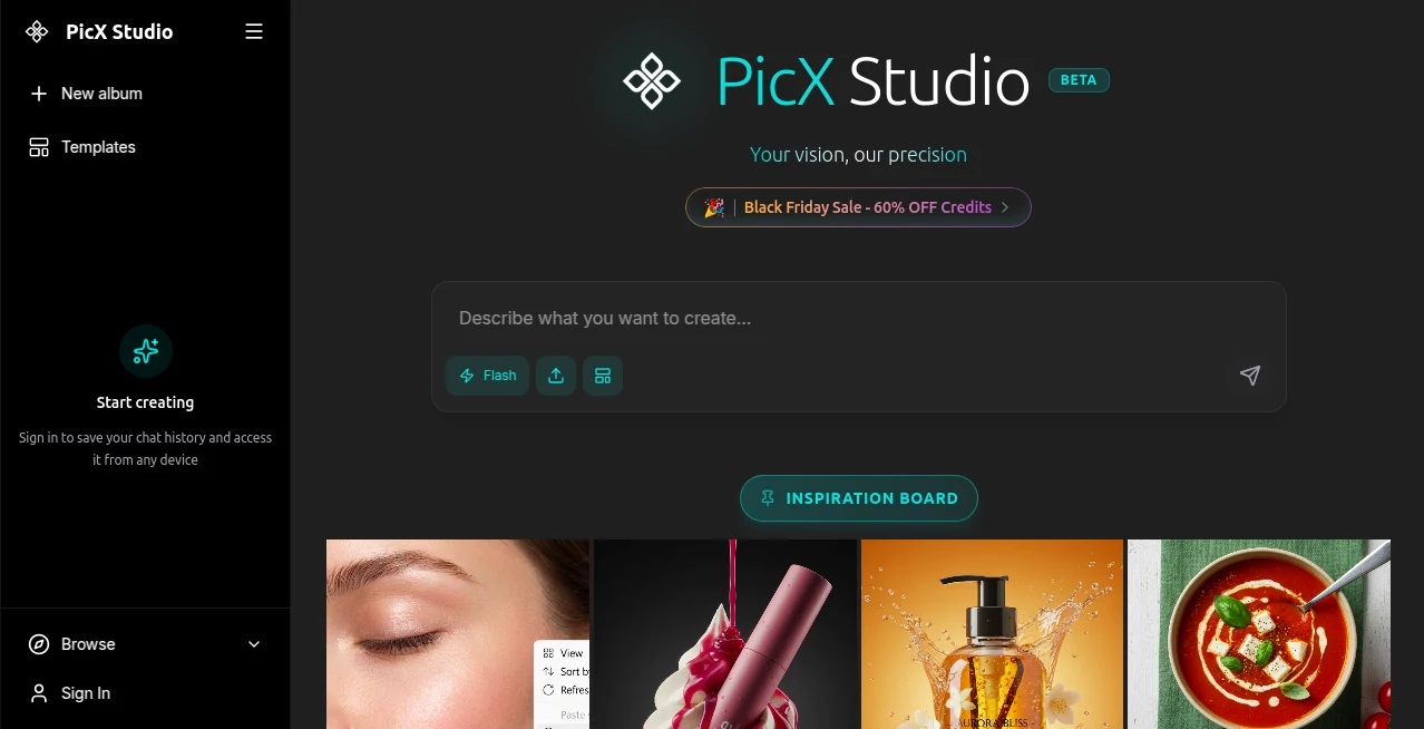 Screenshot of PicX Studio – An AI tool in the ,AI Photo & Image Generator ,Photo & Image Editor ,AI Art Generator ,AI Design Generator  category, showcasing its interface and key features.
