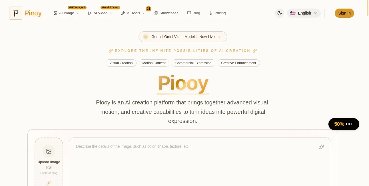 Screenshot of Piooy – An AI tool in the ,AI Photo & Image Generator ,AI Image to Video ,AI Art Generator ,AI Design Generator  category, showcasing its interface and key features.