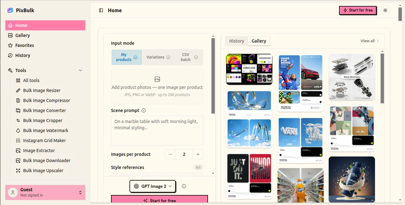 Screenshot of PixBulk – An AI tool in the ,AI Photo & Image Generator ,AI E-commerce Assistant ,AI Productivity Tools  category, showcasing its interface and key features.