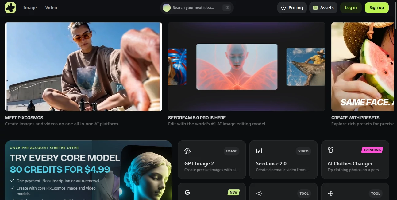 Screenshot of PixCosmos – An AI tool in the ,AI Photo & Image Generator ,Photo & Image Editor ,AI Design Generator  category, showcasing its interface and key features.