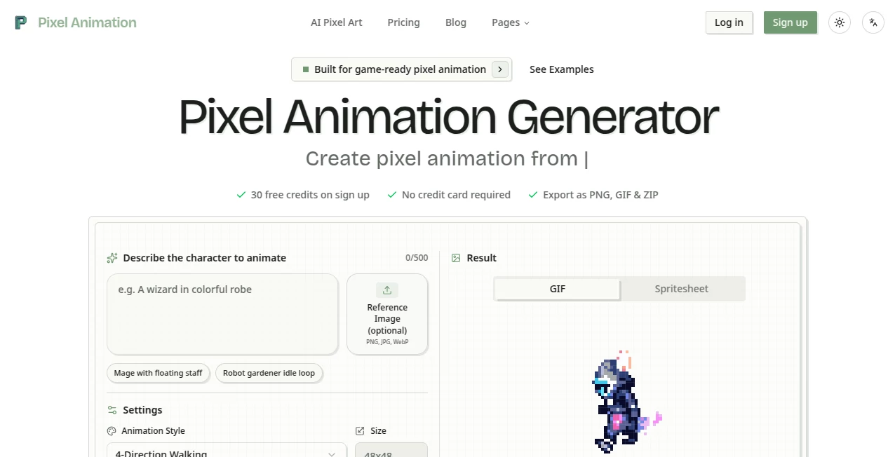 Screenshot of AI Pixel Animation Generator – An AI tool in the ,AI Animated Video ,AI Image to Video ,AI Video Generator ,AI Short Clips Generator  category, showcasing its interface and key features.