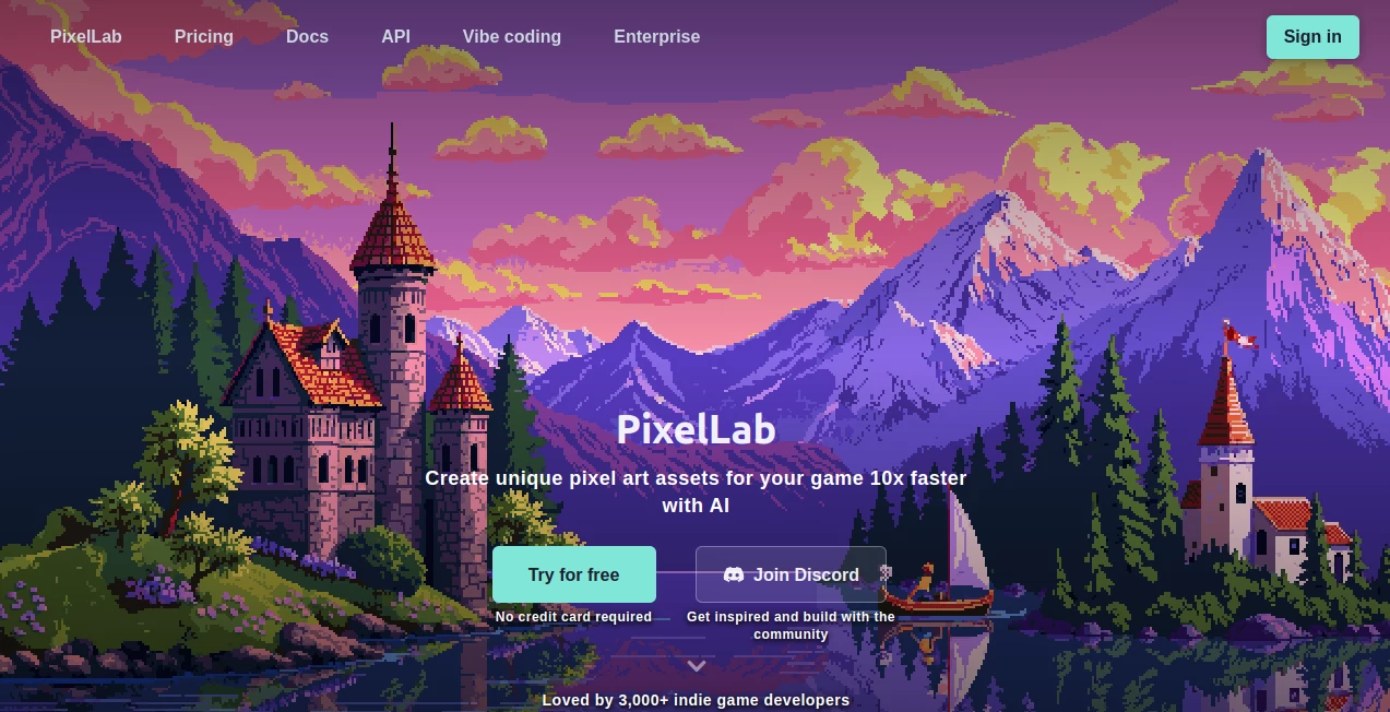 Screenshot of Pixellab AI – An AI tool in the ,AI Photo & Image Generator ,AI Art Generator ,AI Pixel Art ,AI Game  category, showcasing its interface and key features.