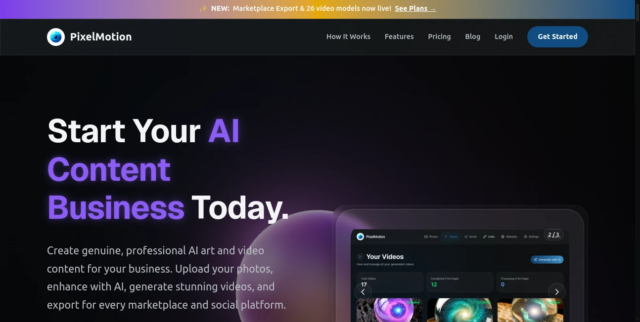 Screenshot of PixelMotion – An AI tool in the ,AI Animated Video ,AI Image to Video ,AI Video Enhancer ,AI Video Generator  category, showcasing its interface and key features.