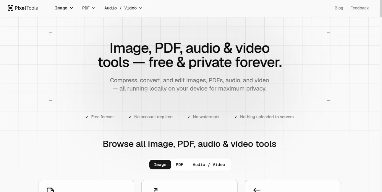 Screenshot of PixelTools – An AI tool in the ,AI PDF ,Photo & Image Editor ,AI Video Editor ,Other  category, showcasing its interface and key features.