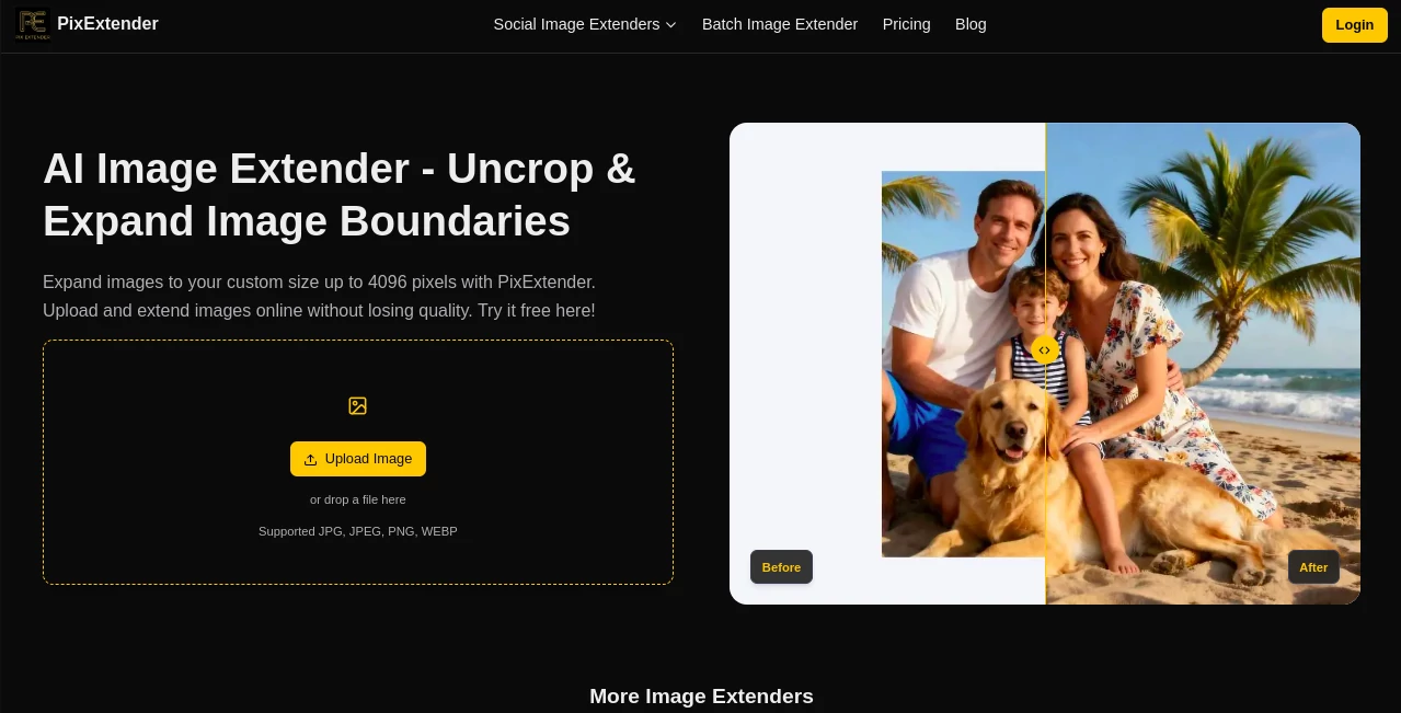 Screenshot of PixExtender – An AI tool in the ,Photo & Image Editor ,AI Photo Enhancer ,AI Background Remover ,AI Image to Image  category, showcasing its interface and key features.