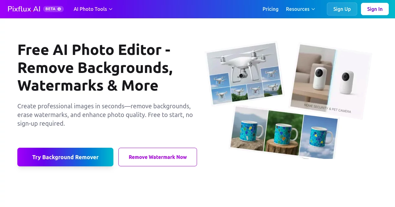 Screenshot of Pixflux AI – An AI tool in the ,AI Background Remover ,Photo & Image Editor ,AI Photo Enhancer ,AI Image to Image  category, showcasing its interface and key features.