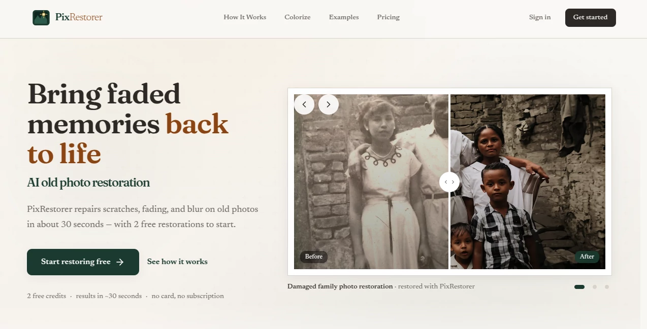 Screenshot of PixRestorer – An AI tool in the ,Photo & Image Editor ,AI Photo Enhancer ,AI Photo Restoration ,AI Photography  category, showcasing its interface and key features.