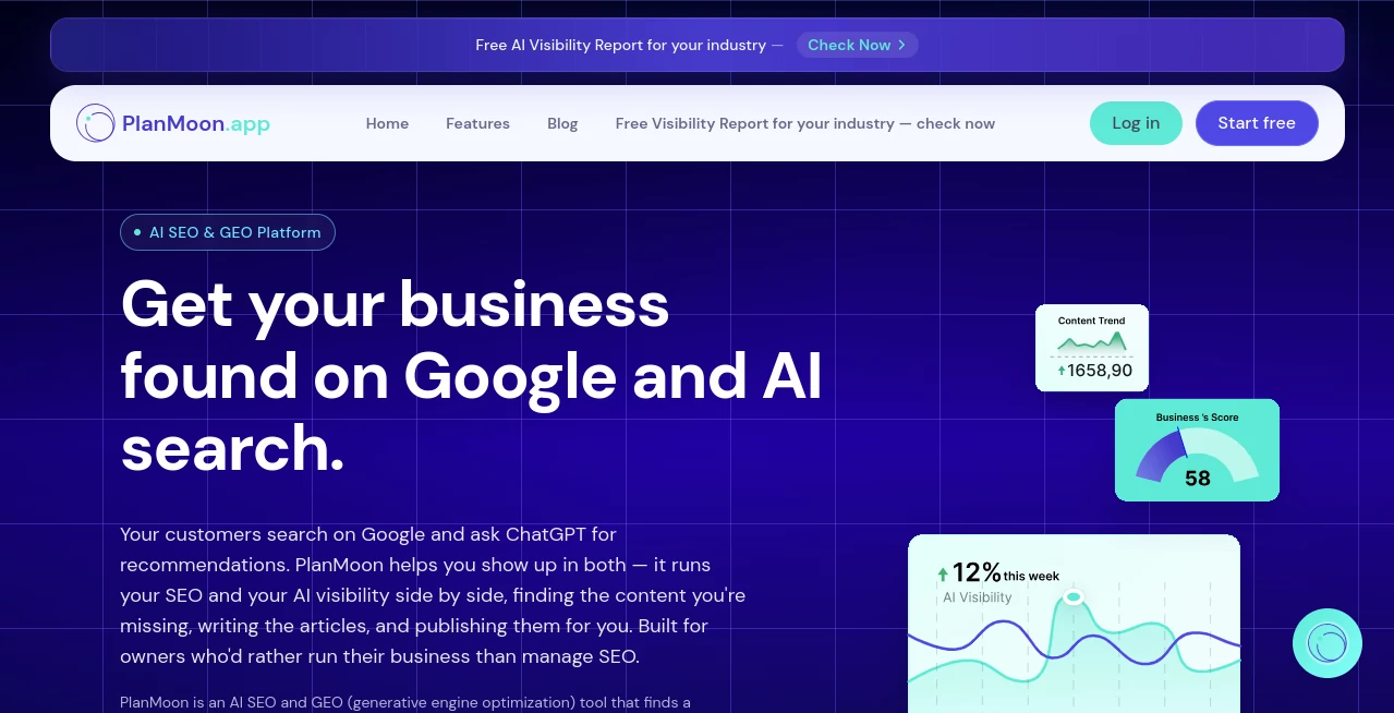 Screenshot of PlanMoon – An AI tool in the ,AI SEO Assistant ,AI Content Generator ,AI Analytics Assistant ,AI Marketing Plan Generator  category, showcasing its interface and key features.