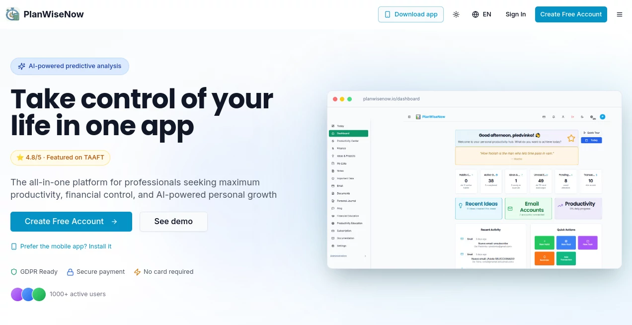 Screenshot of PlanWiseNow – An AI tool in the ,AI Productivity Tools ,AI Task Management ,AI Workflow Management ,AI Project Management  category, showcasing its interface and key features.