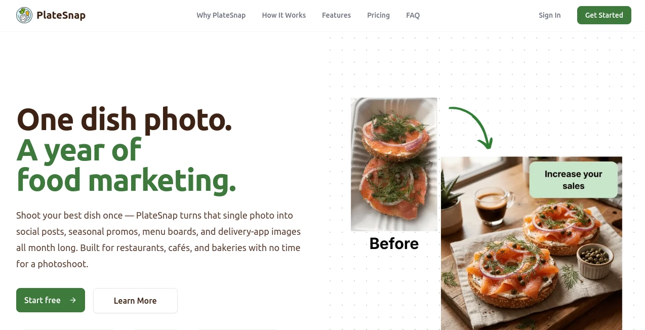 Screenshot of PlateSnap – An AI tool in the ,AI Photo & Image Generator ,Marketing ,Photo & Image Editor ,AI Photography  category, showcasing its interface and key features.