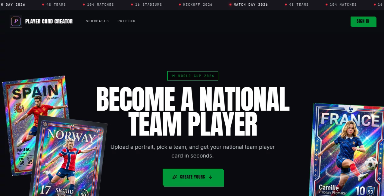 Screenshot of Player Card Creator – An AI tool in the ,AI Photo & Image Generator ,AI Graphic Design ,AI Fun Tools ,AI Sports  category, showcasing its interface and key features.