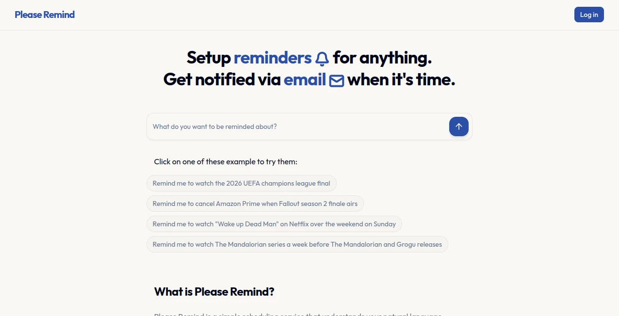 Screenshot of Please Remind – An AI tool in the ,AI Life Assistant ,AI Productivity Tools ,AI Task Management ,AI Scheduling  category, showcasing its interface and key features.
