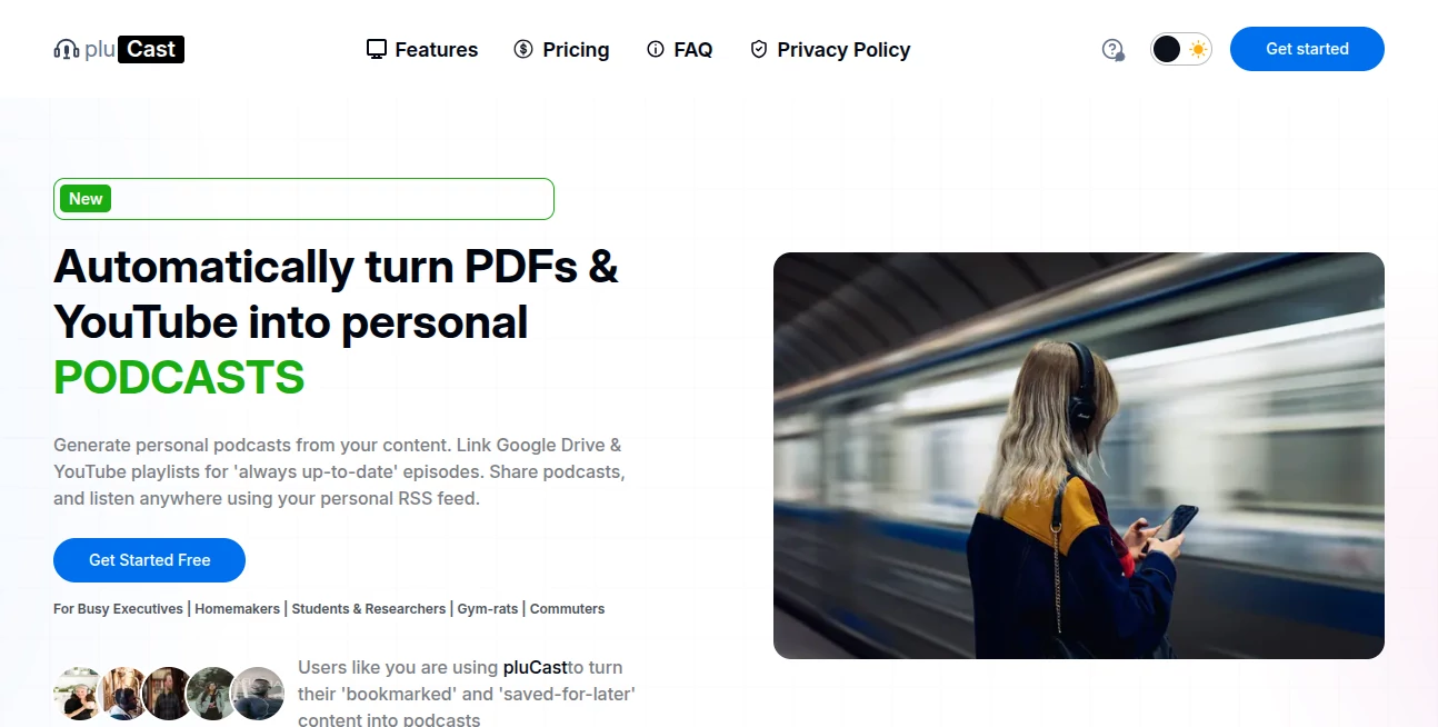 Screenshot of plu  Cast – An AI tool in the ,AI Summarizer ,AI Education Assistant ,AI Transcription ,AI Podcast Assistant  category, showcasing its interface and key features.
