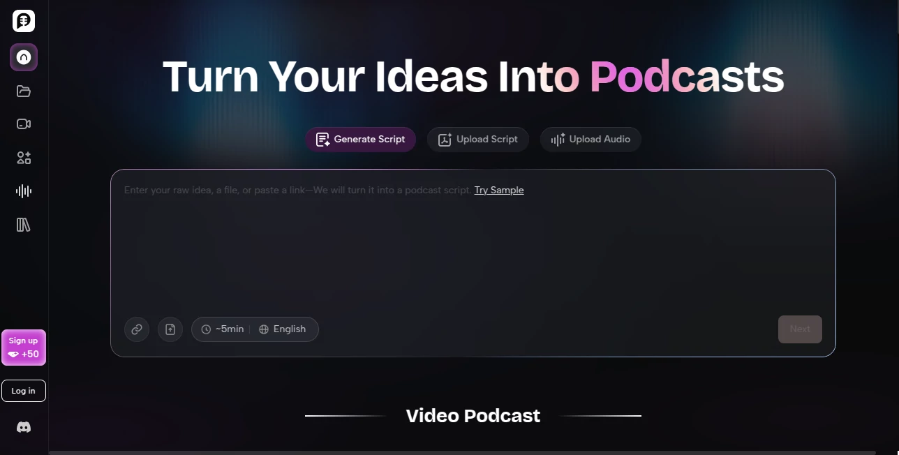 Screenshot of PodcastorAI – An AI tool in the ,AI Content Generator ,AI Video Generator ,AI Voice & Audio Editing ,AI Podcast Assistant  category, showcasing its interface and key features.
