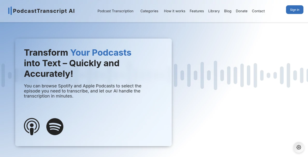 Screenshot of PodcastTranscript.ai – An AI tool in the ,AI Transcription ,AI Content Generator ,AI Speech to Text ,AI Podcast Assistant  category, showcasing its interface and key features.