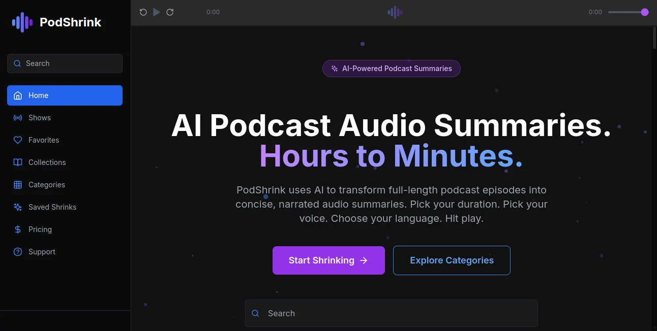 Screenshot of PodShrink – An AI tool in the ,AI Summarizer ,AI Transcription ,AI Podcast Assistant ,AI Productivity Tools  category, showcasing its interface and key features.