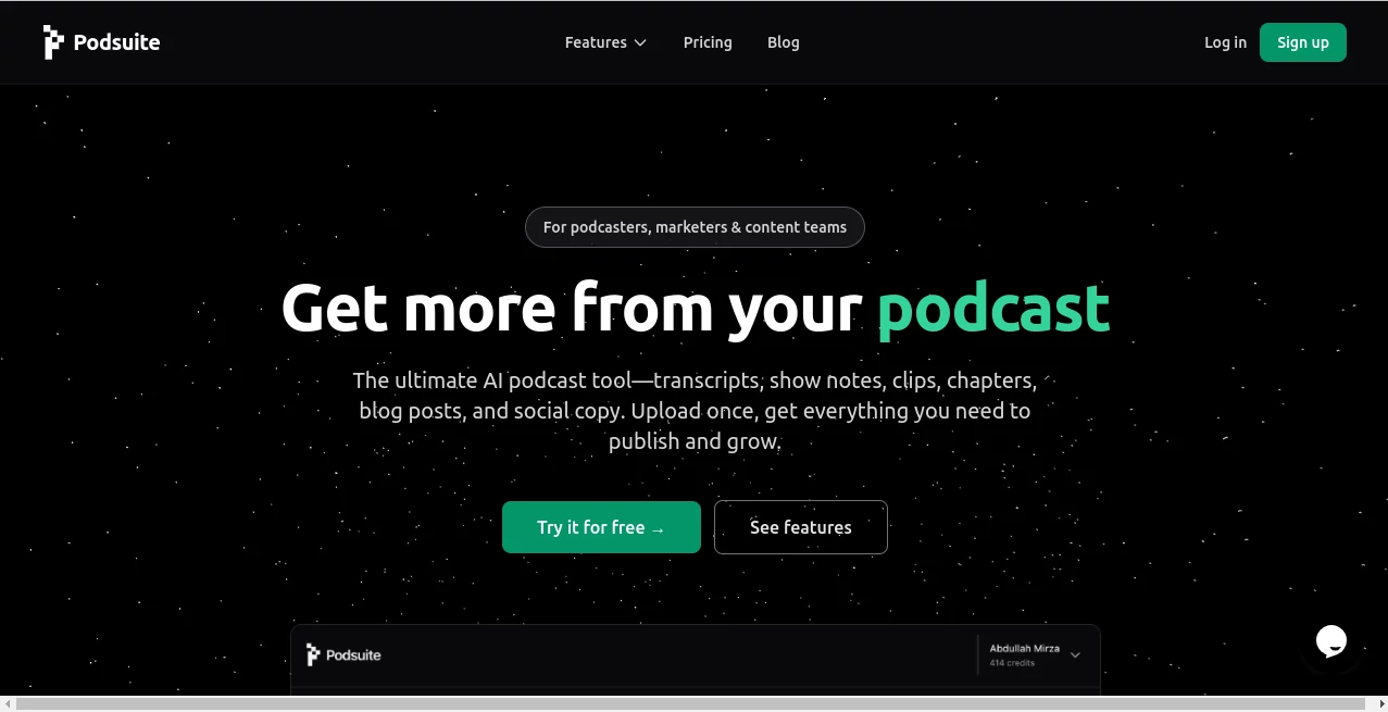 Screenshot of Podsuite – An AI tool in the ,AI Transcriber ,AI Content Generator ,AI Speech to Text ,AI Podcast Assistant  category, showcasing its interface and key features.