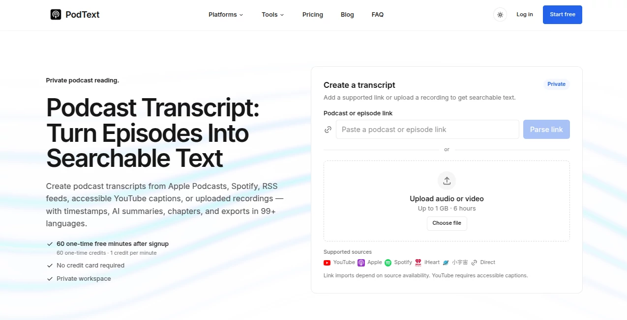 Screenshot of PodText – An AI tool in the ,AI Summarizer ,AI Transcription ,AI Speech to Text ,AI Captions or Subtitle ,Voice  category, showcasing its interface and key features.