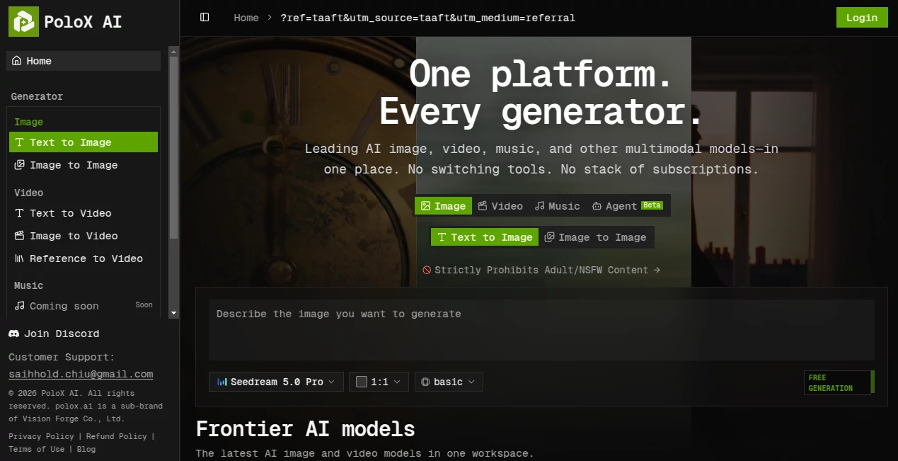 Screenshot of PoloX AI – An AI tool in the ,AI Photo & Image Generator ,AI Video Generator ,AI Image to Image ,AI Text to Image  category, showcasing its interface and key features.