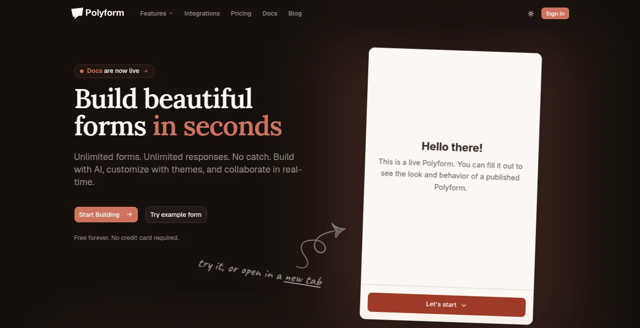 Screenshot of Polyform – An AI tool in the ,AI Forms & Surveys ,AI No-Code & Low-Code ,AI Productivity Tools ,AI Business Ideas Generator  category, showcasing its interface and key features.