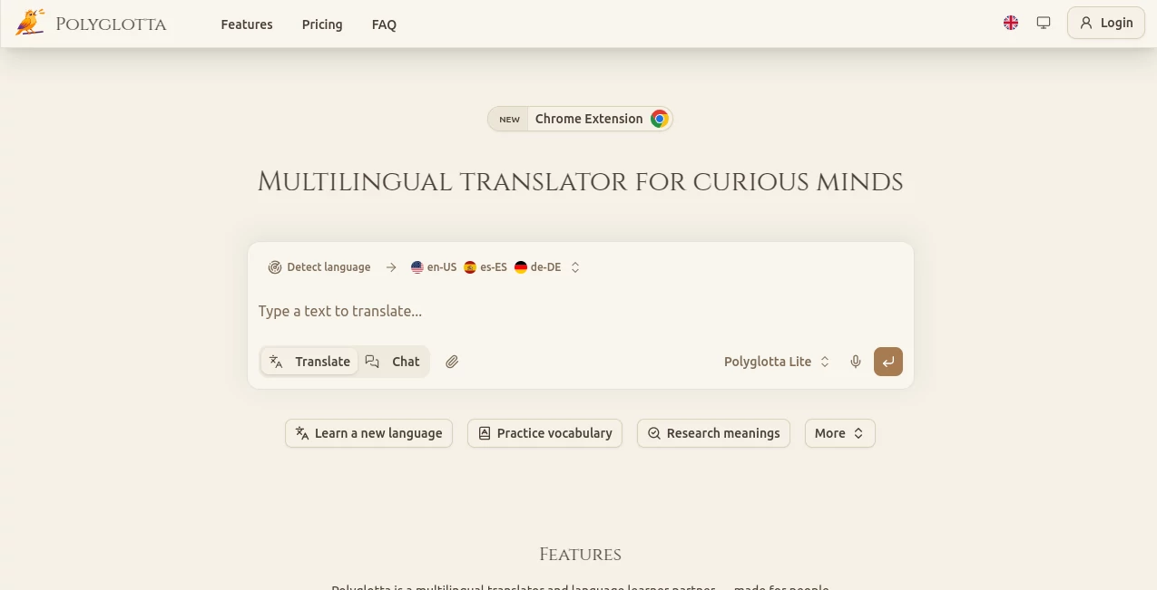 Screenshot of Polyglotta – An AI tool in the ,AI Transcriber ,AI Translate ,AI Chatbot ,AI Voice Assistants  category, showcasing its interface and key features.