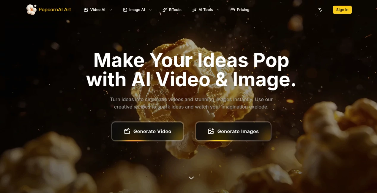 Screenshot of PopcornAI – An AI tool in the ,AI Animated Video ,AI Image to Video ,AI Video Generator ,AI Text to Video  category, showcasing its interface and key features.