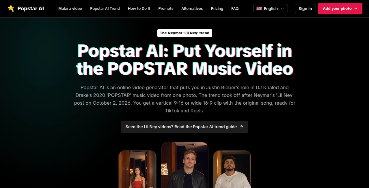 Screenshot of Popstar AI – An AI tool in the ,AI Image to Video ,AI Music Video Generator ,AI Video Generator ,Video ,AI Lip Sync Generator  category, showcasing its interface and key features.