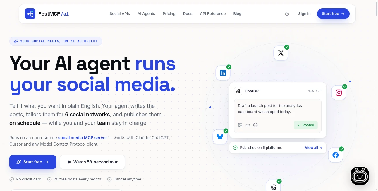 Screenshot of PostMCP AI – An AI tool in the ,AI Workflow Management ,AI Marketing Plan Generator ,AI Social Media Assistant ,AI Advertising Assistant  category, showcasing its interface and key features.